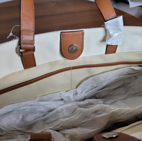 NWT Lauren Ralph Lauren LORA Large Striped Double Handled Cream Canvas Tote Bag - Picture 9 of 10